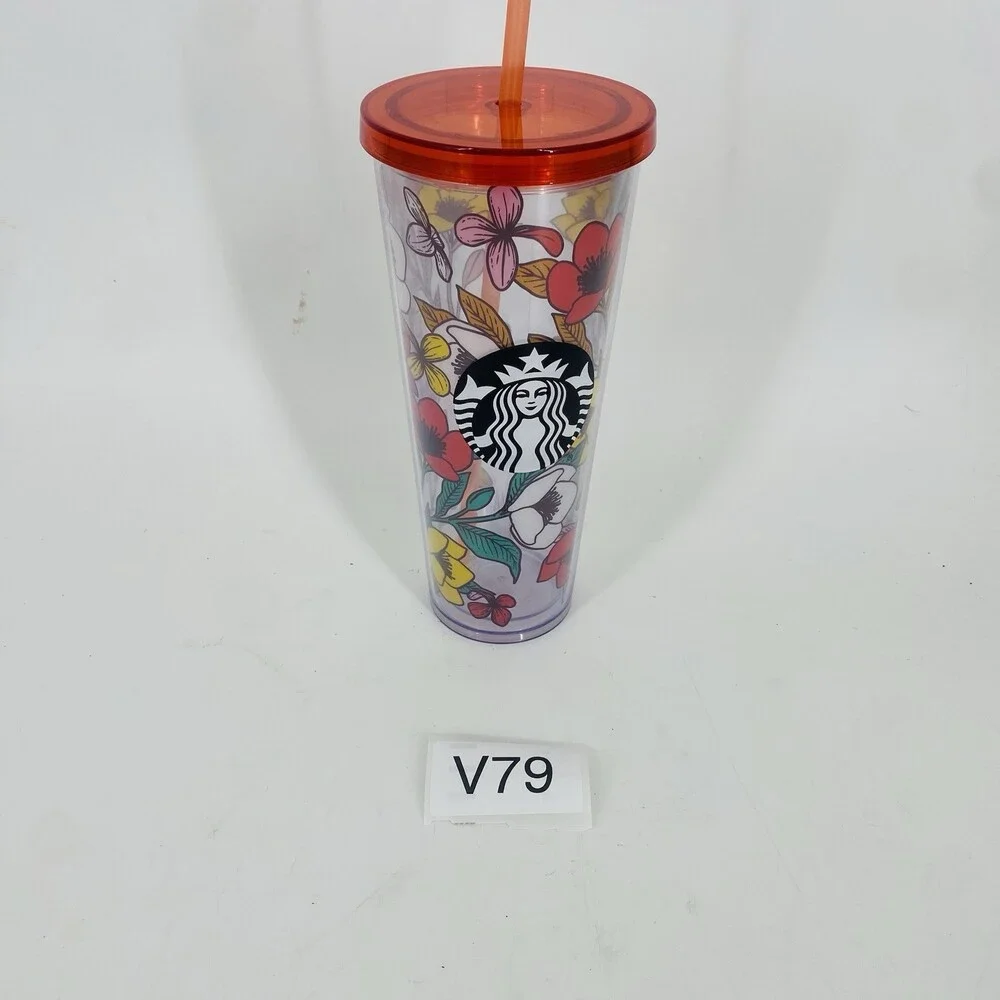 Rare Starbucks Poppy Flowers 24oz Acrylic Cold Cup Tumbler Red Lid & Straw